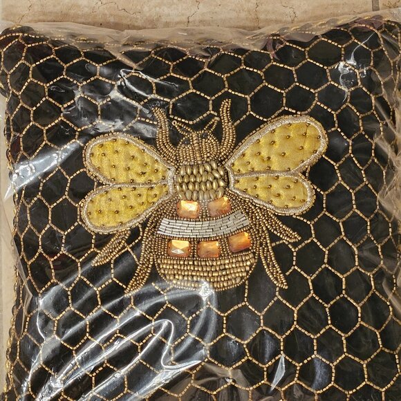NEW MACKENZIE CHILDS QUEEN BEE HONEYCOMB BEADED BLACK VELVET THROW ACCENT PILLOW - Picture 2 of 9